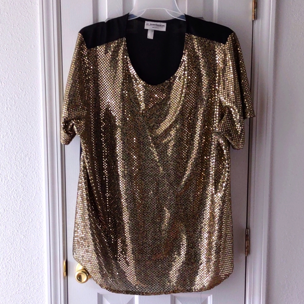 Woman's Plus Size Top. Made in USA by JE SPORTSWEAR INC. Gold Sequences.